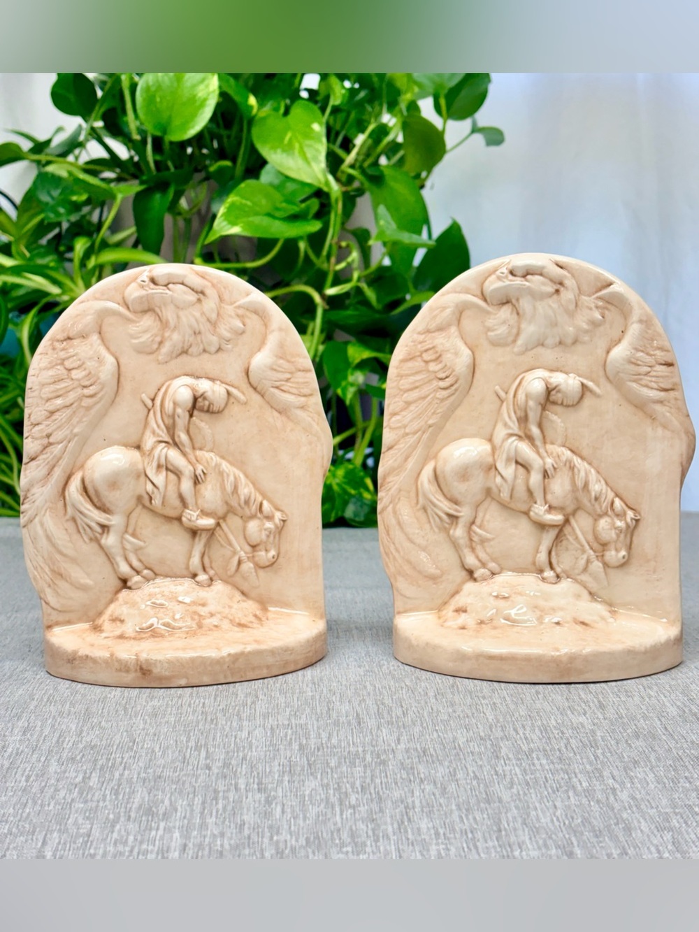 Vintage Hand Glazed Ceramic End of the Trail  Bookends Pair- Western Decor